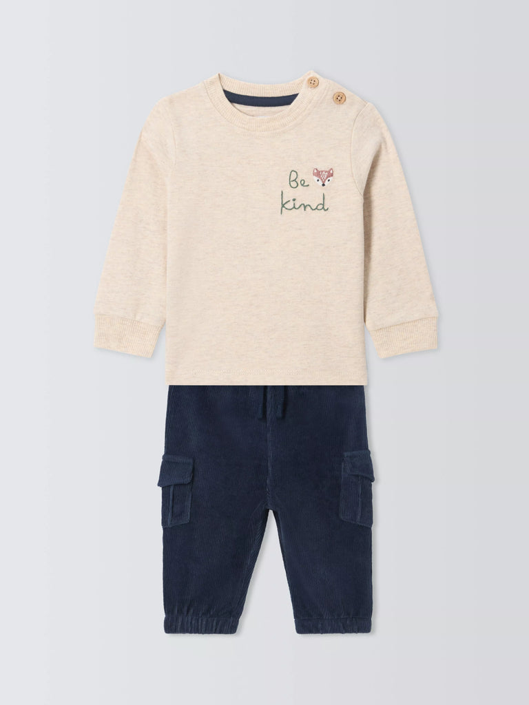 John Lewis Baby Be Kind Cotton Sweatshirt and Corduroy Trousers Set, Multi