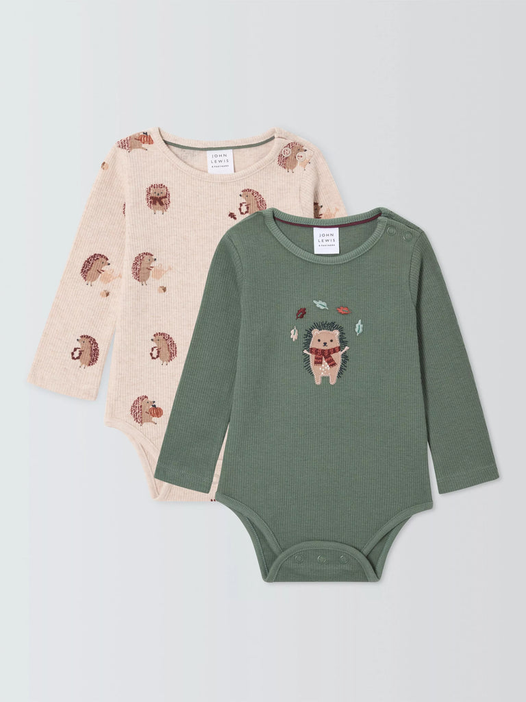 John Lewis Baby Hedgehog Cotton Long Sleeve Bodysuits, Pack of 2, Multi