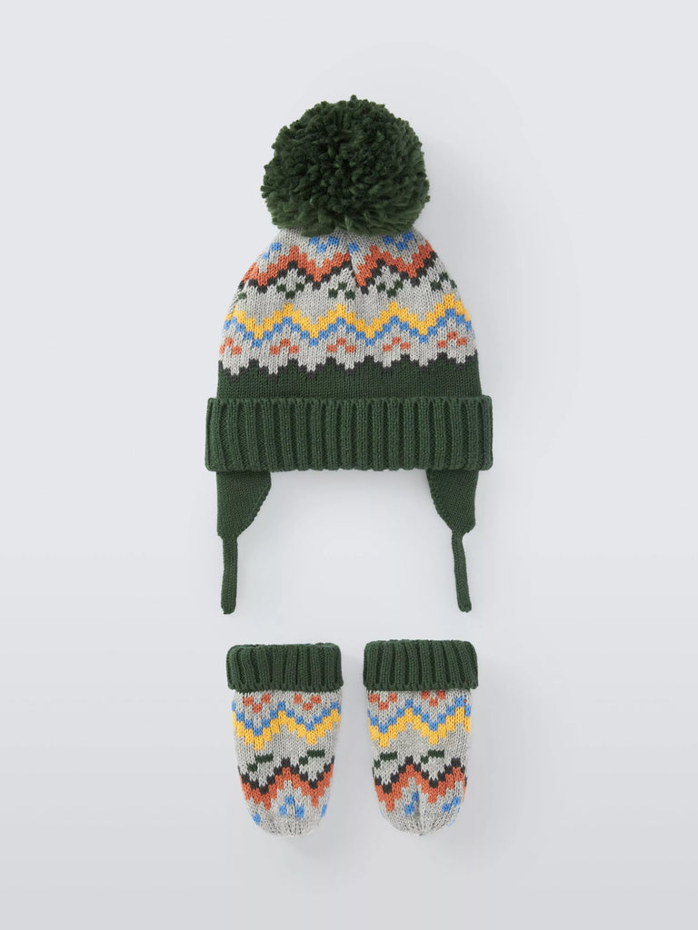 John Lewis Baby Fair Isle Trapper Hat and Gloves Set, Multi