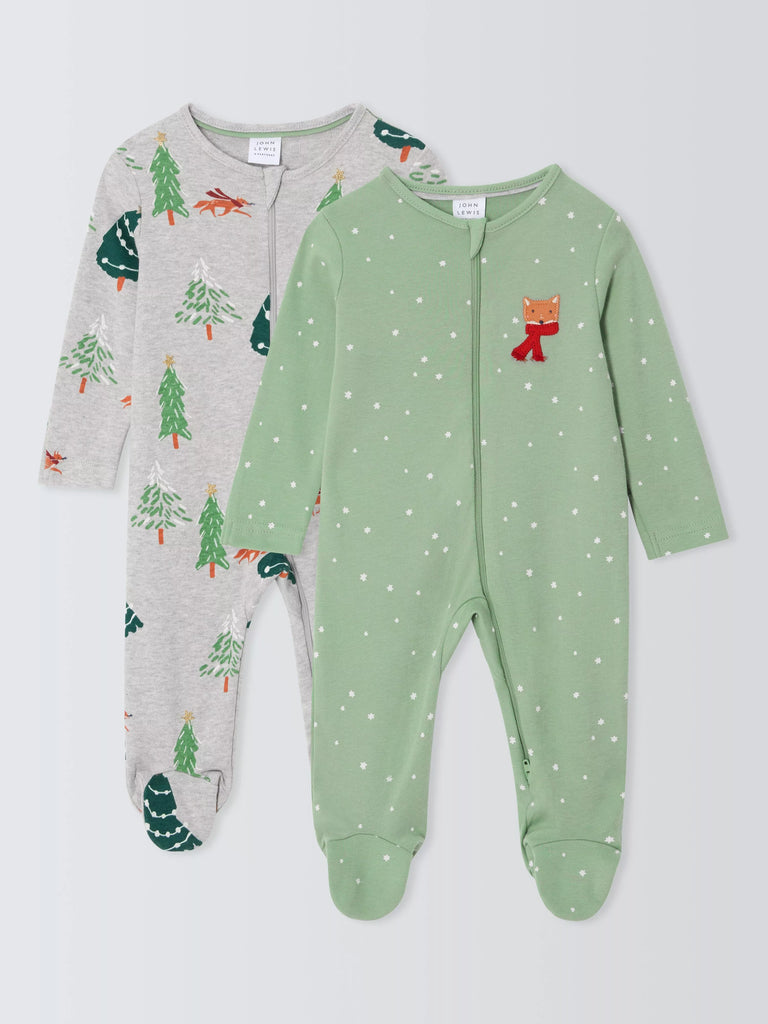 John Lewis Baby Christmas Trees Zip Cotton Sleepsuit, Pack of 2, Multi