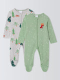 John Lewis Baby Christmas Trees Zip Cotton Sleepsuit, Pack of 2, Multi