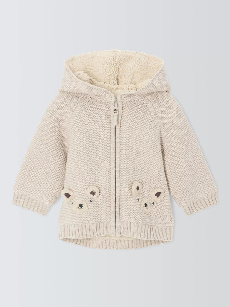 John Lewis Baby Bear Face Knitted Fleece Cardigan, Natural