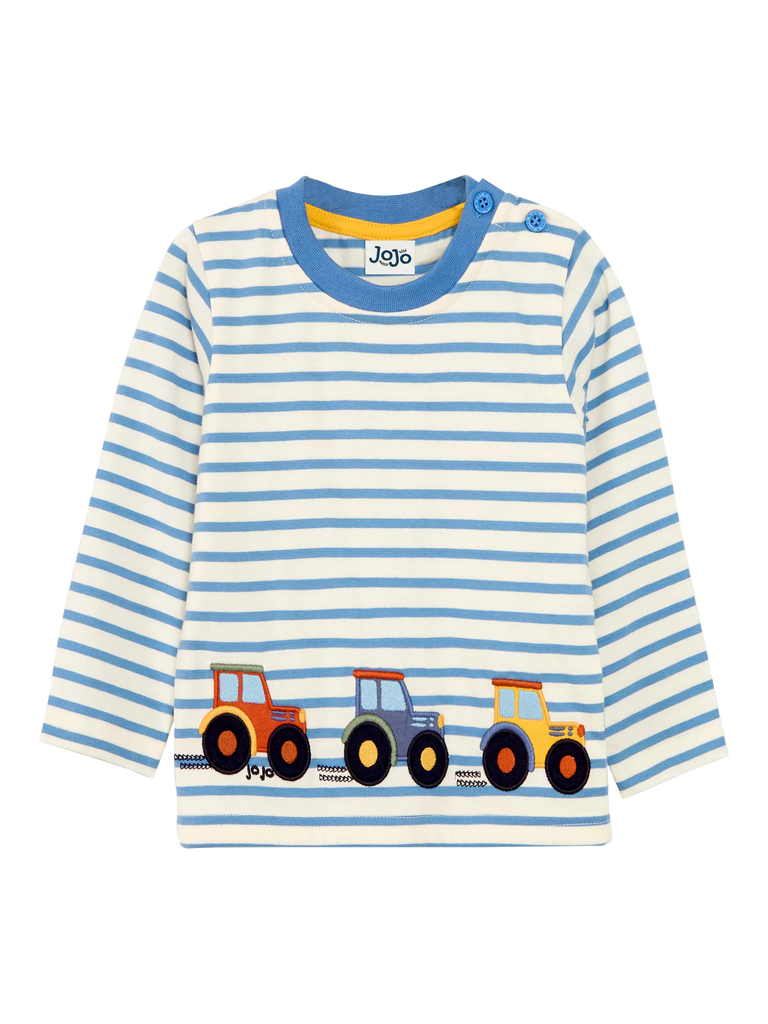 JoJo Maman Bébé Kids' Tractor Hem Cotton Top, Blue Denim