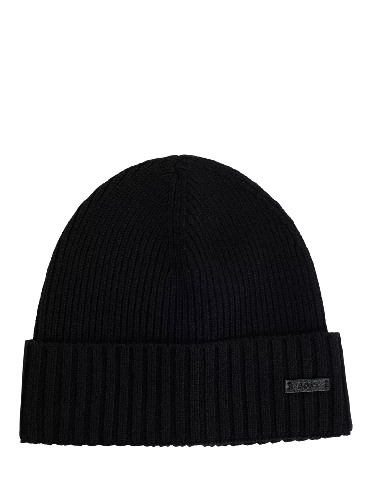 BOSS Fati Wool Ribbed Beanie Hat, Black