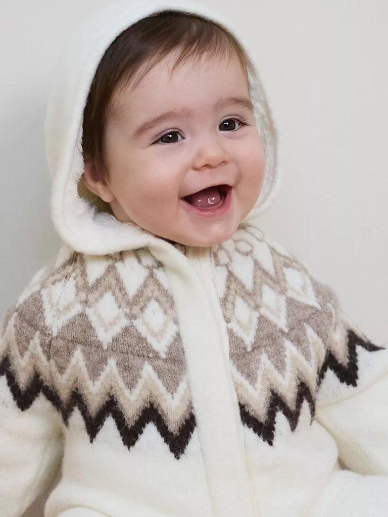 The Little Tailor Baby Fair Isle Knitted Hooded Pramsuit, Cream/Taupe