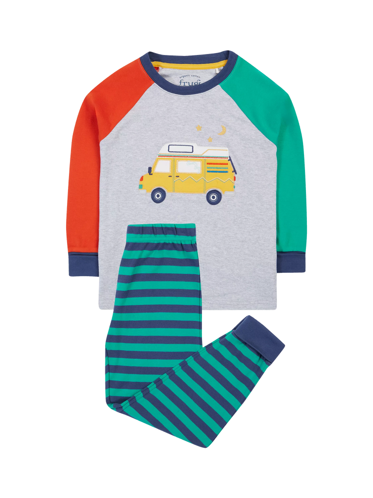 Frugi Kids' Jamie Jim Jams Organic Cotton Pyjama Set, Iguana Stripe/Camper