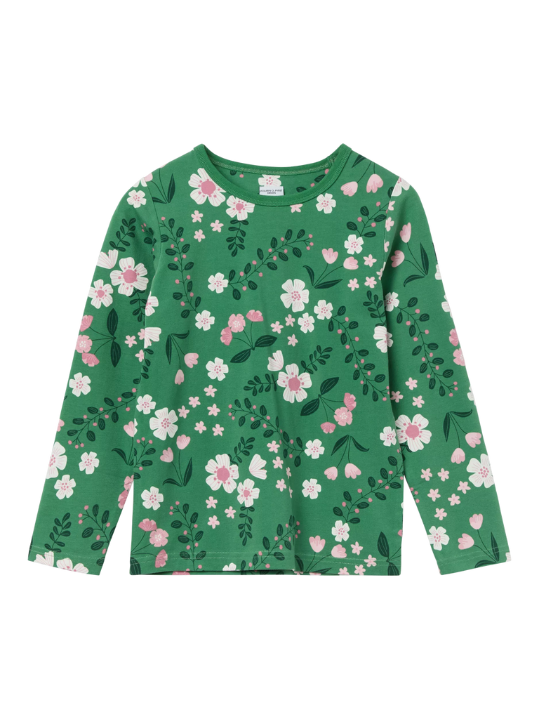 Polarn O. Pyret Kids' Organic Cotton Jersey Floral Top, Green/Multi