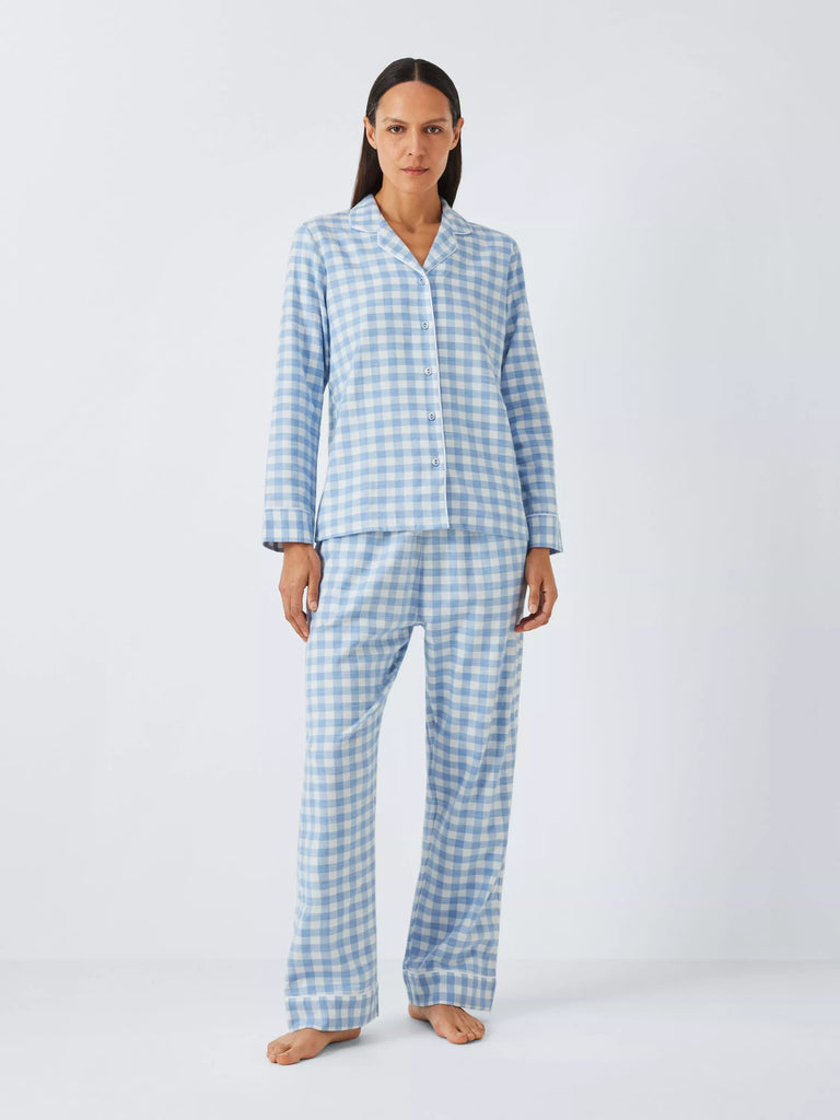 John Lewis Gingham Brushed Cotton Pyjama Set, Sage/Ivory