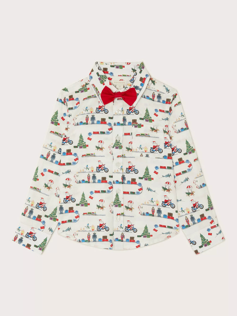 Monsoon Kids' Cotton Christmas Bow Tie Shirt, Ivory