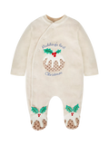 JoJo Maman Bébé Baby Christmas Pudding Appliqué Zip Sleepsuit, Stone/Multi