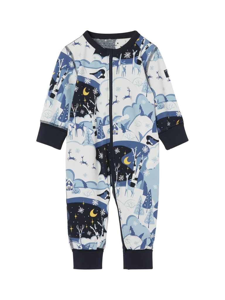 Polarn O. Pyret Baby Nordic Winter Wonderland Print Sleepsuit, Blue