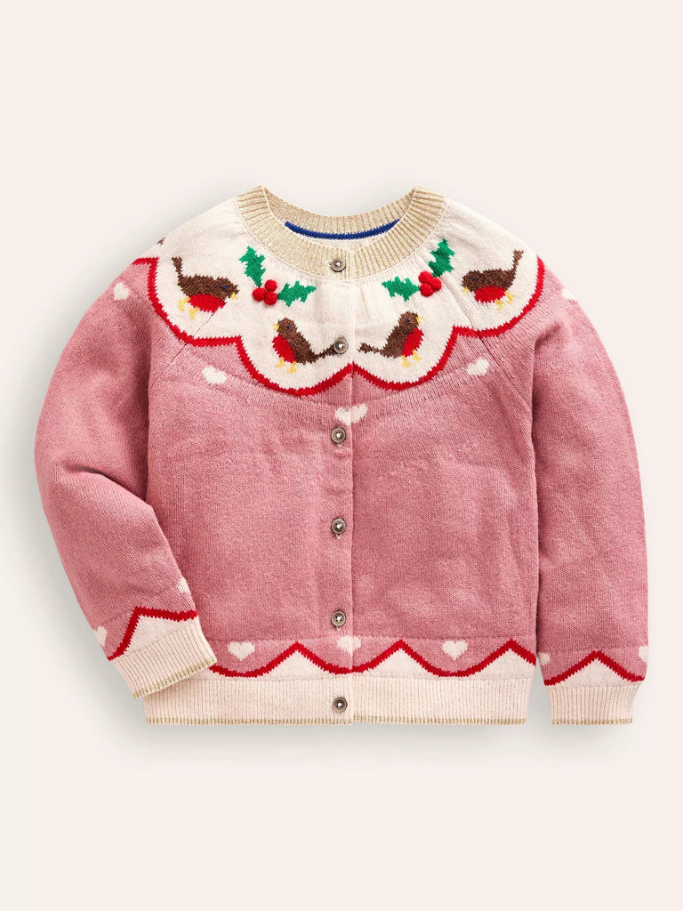 Mini Boden Kids' Edie Robin Fair Isle Cardigan, Pink/Multi