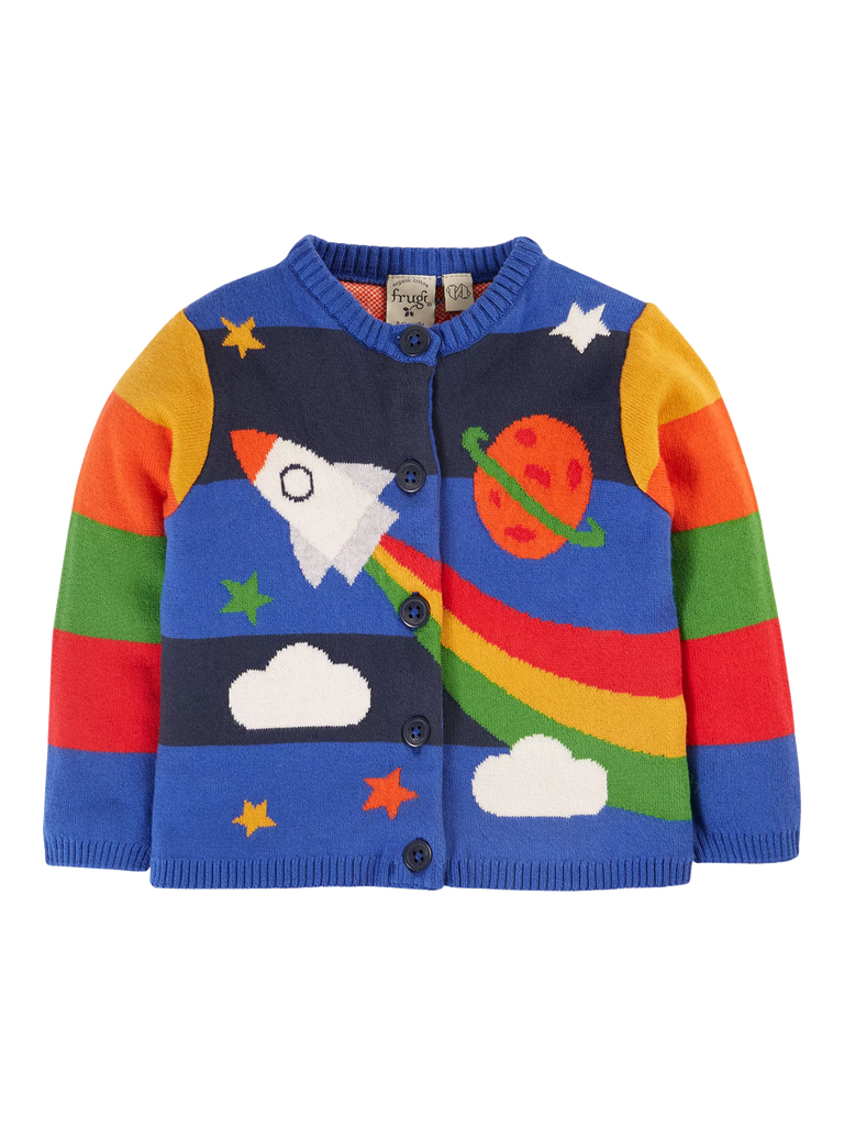 Frugi Baby Corin Knitted Cardigan, Blue/Rocket Flight