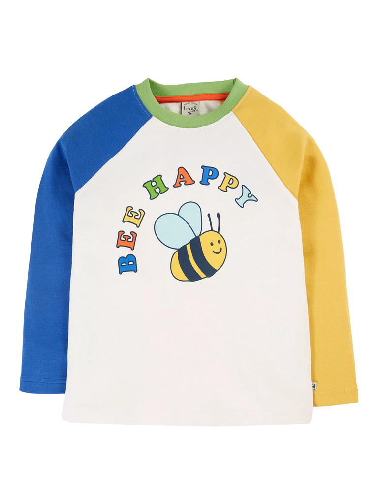 Frugi Kids' Tamar Raglan Top, Soft White/Bee Happy