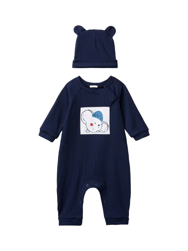 Benetton Baby Sleepsuit & Hat Set, Night Blue