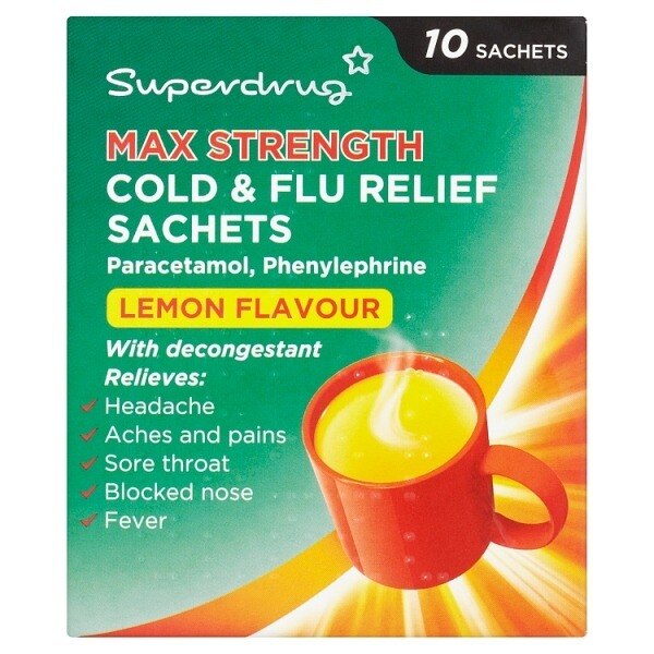 Superdrug Max Strength Lemon Flavour Cold & Flu Sachets X 10