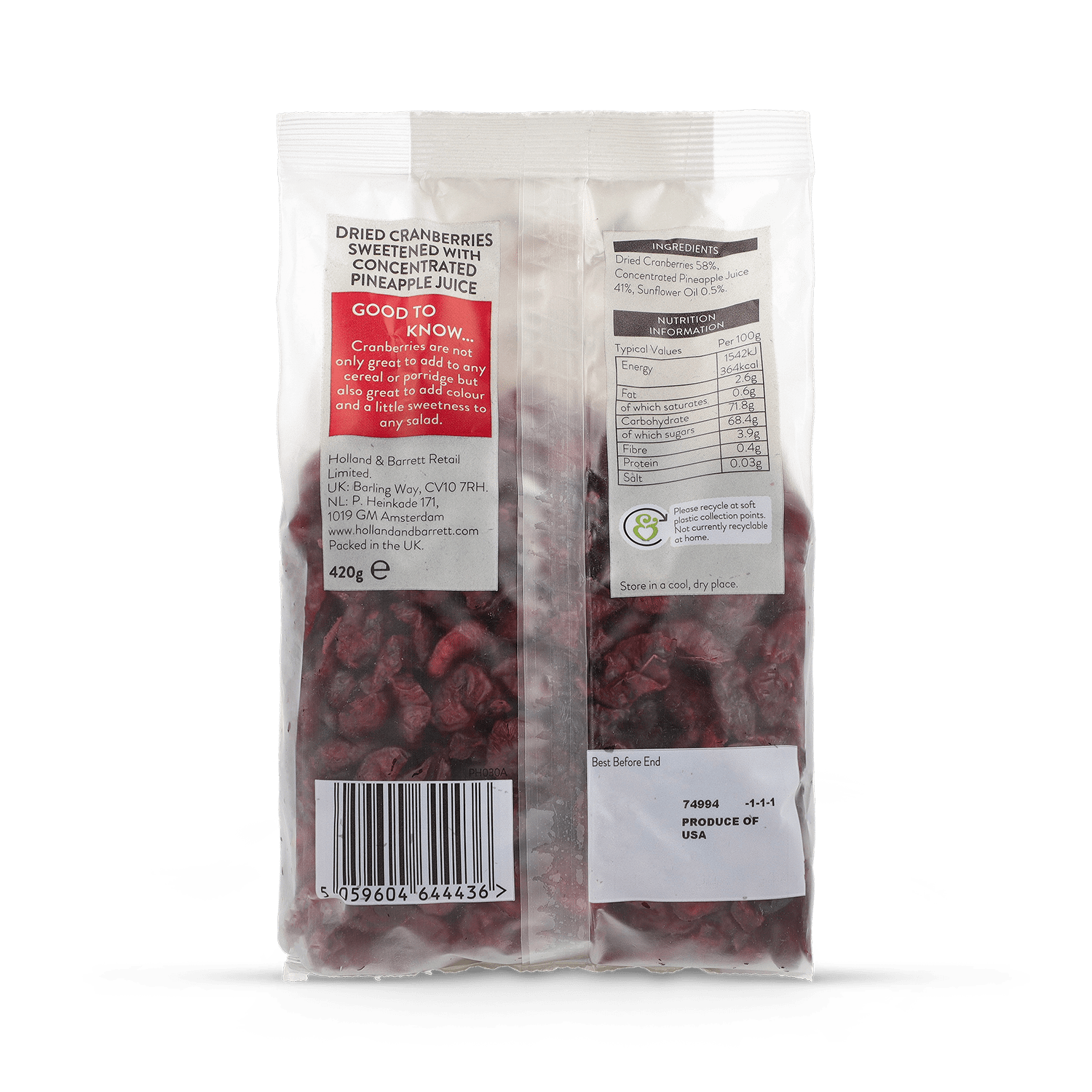 Holland &amp; Barrett Juice Infused Cranberries 420g