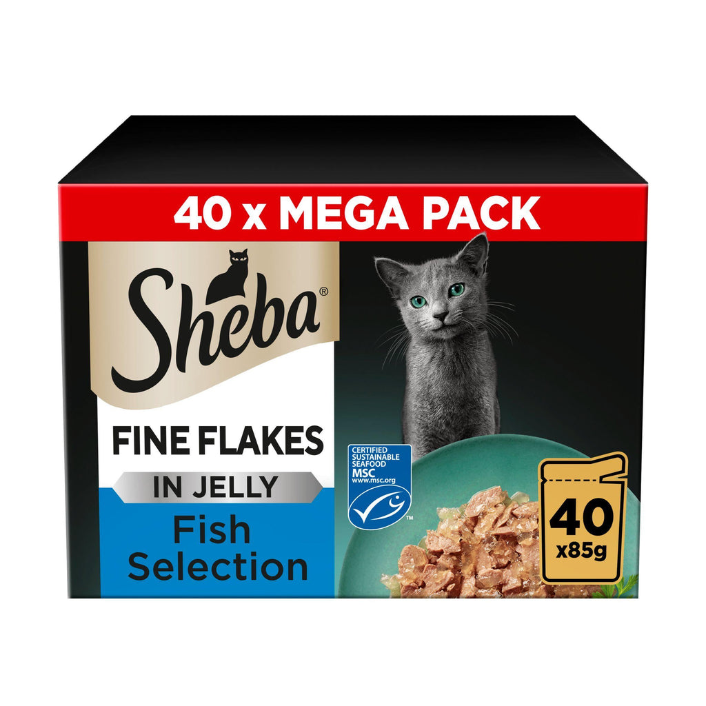 Sheba Fine Flakes Cat Food Pouches Fish In Jelly Mega Pack 40x85g