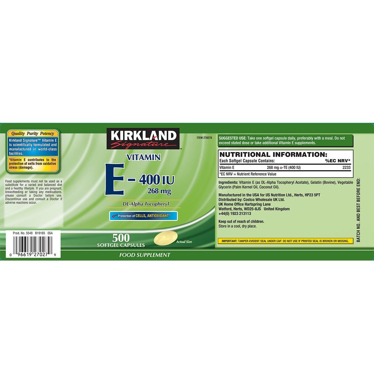 Kirkland Signature Vitamin E 268mg, 500 Softgel Capsules GOODS Costco UK