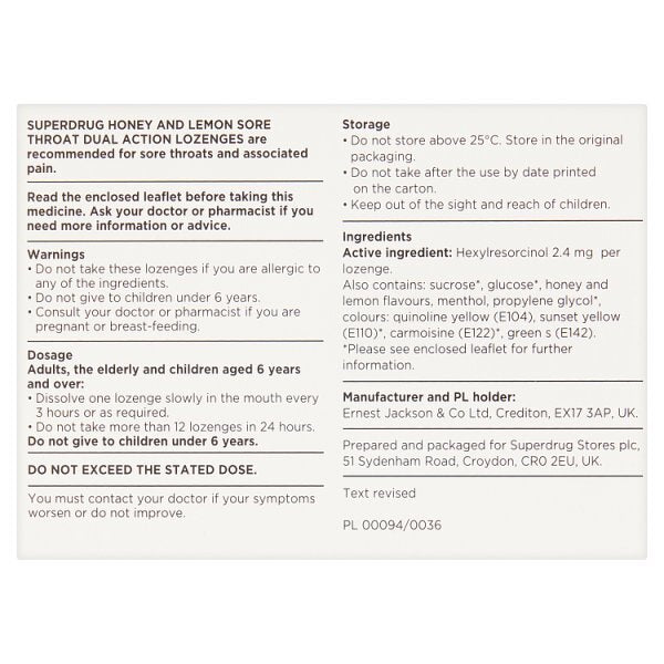 Superdrug Honey & Lemon Sore Throat Dual Action 24 Lozenges - McGrocer