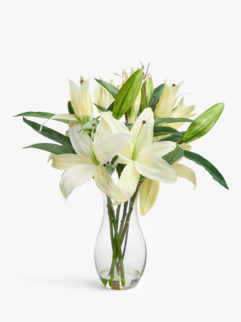 Floralsilk Artificial White Lilies in Flared Glass Vase, H46cm