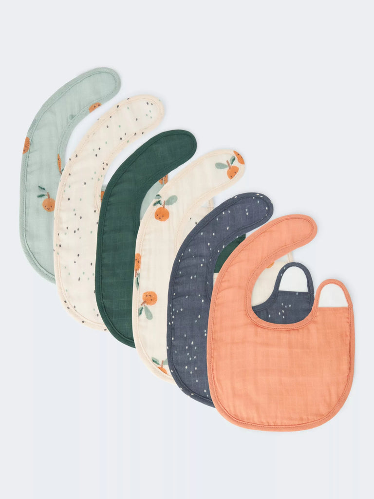 John Lewis Spot and Orange Print Round Muslin Bib, Pack of 6, Multi