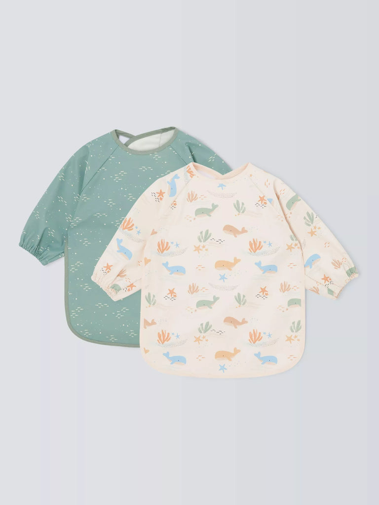 John Lewis Whale & Fish Print Coverall Weaning Baby Bib, Pack of 2, Multi