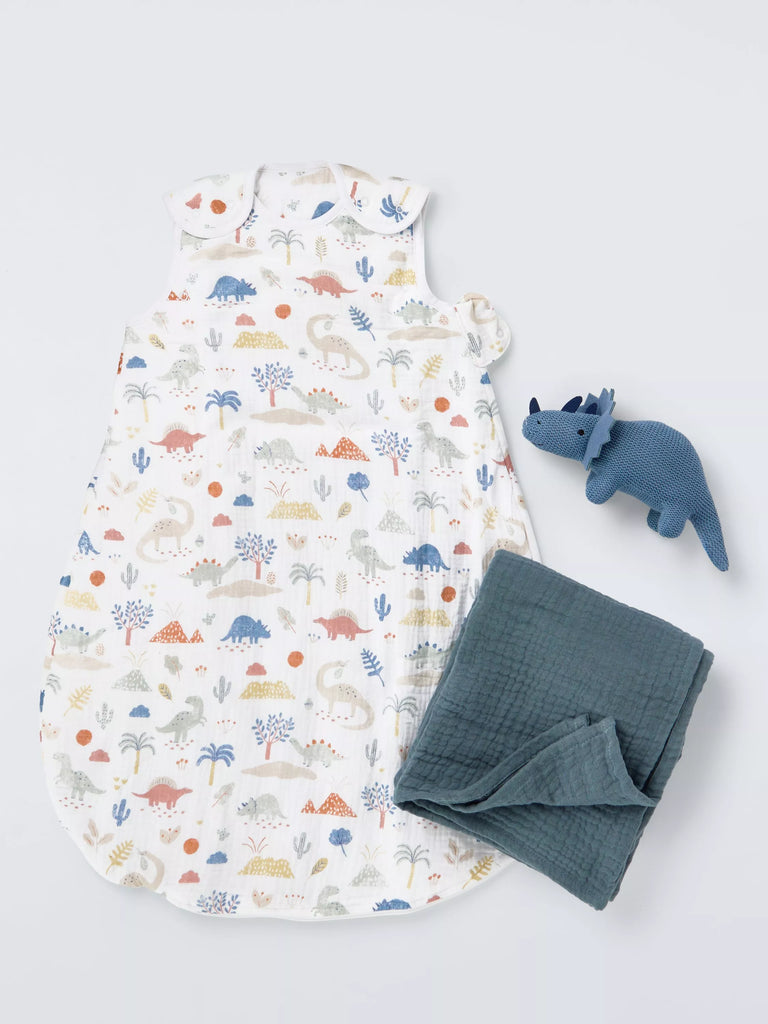 John Lewis Dinosaur Baby Sleeping Bag, Muslin Blanket and Dinosaur Soft Toy Gift Set