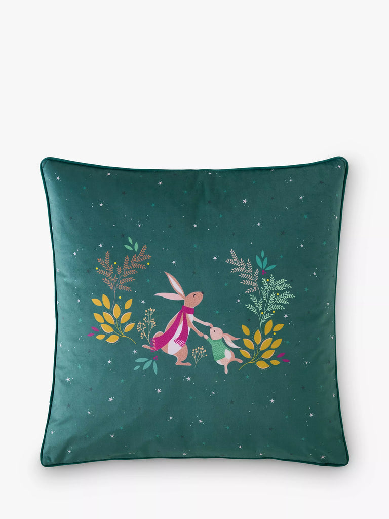 Sara Miller Woodland Tales Dancing Rabbits Christmas Cushion, Green