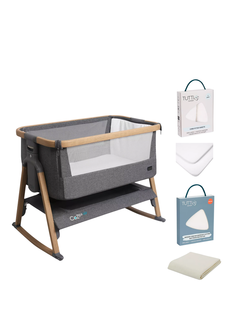 Tutti Bambini CoZee Air Bedside Crib Essential Starter Bundle, Scandi Walnut/Ecru