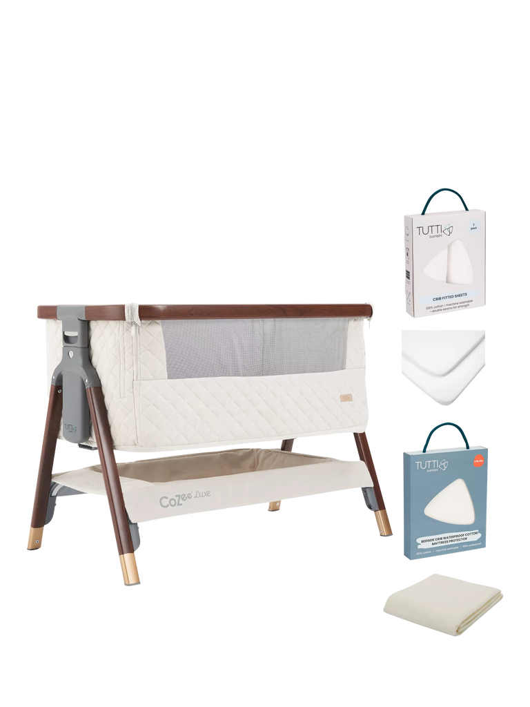 Tutti Bambini CoZee Luxe Bedside Crib Essential Bundle, Walnut/Cream