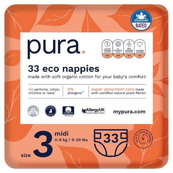 Pura Premium Eco Baby Nappies, Size 3 (4-9kg) 33 Nappies GOODS Superdrug   