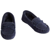 M&S Suede Bow Fur Lined Moccasin Slippers 3 Midnight Navy