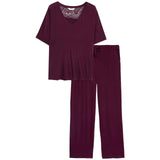 M&S Womens Viscose Lace Pyjama Set, S, Dark Magenta