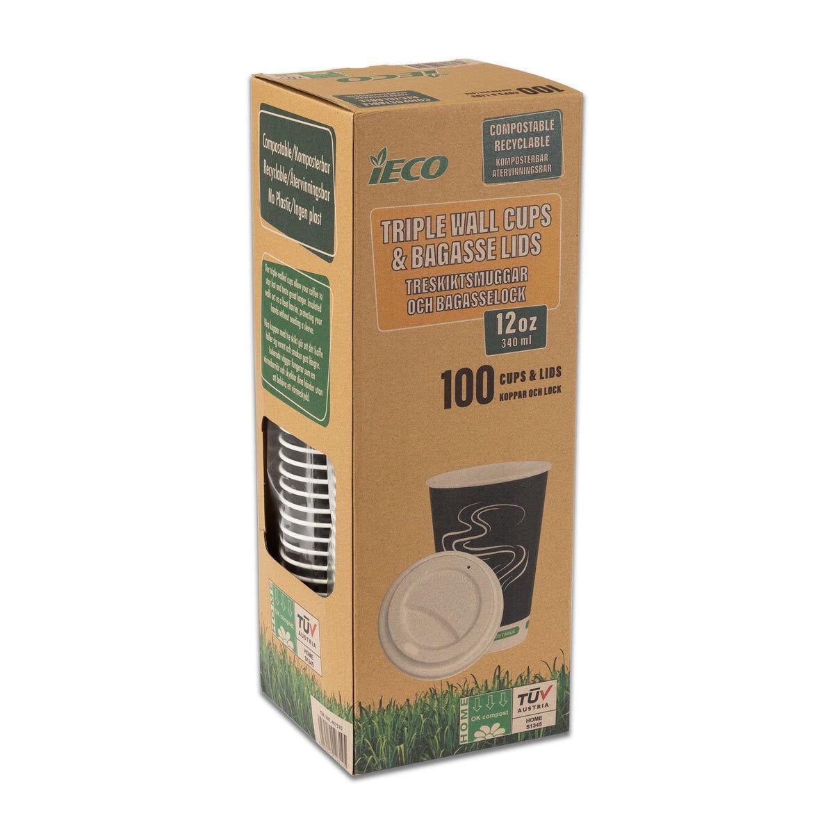 iECO Recyclable Triple Wall Hot Cups &amp; Lids, 12oz, 100 Pack