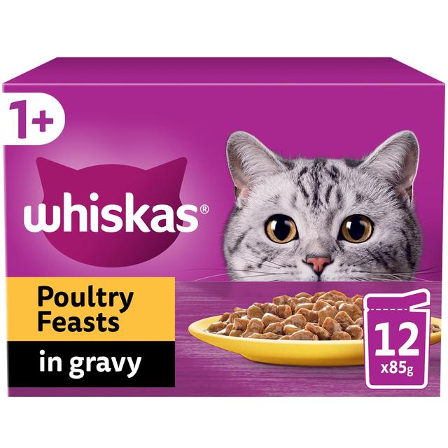 WHISKAS 1+ Cat Pouches Poultry Feasts in Gravy   12 x 85g