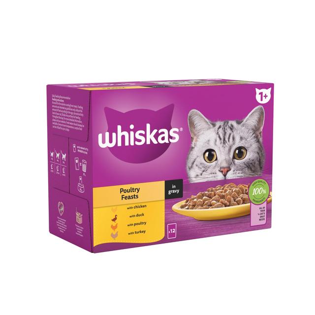 WHISKAS 1+ Cat Pouches Poultry Feasts in Gravy   12 x 85g