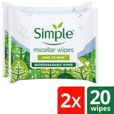 Simple Kind to Skin Micellar Biodegradable Waterproof Make Up Remover Cleansing Facial Wipes 2 x 20