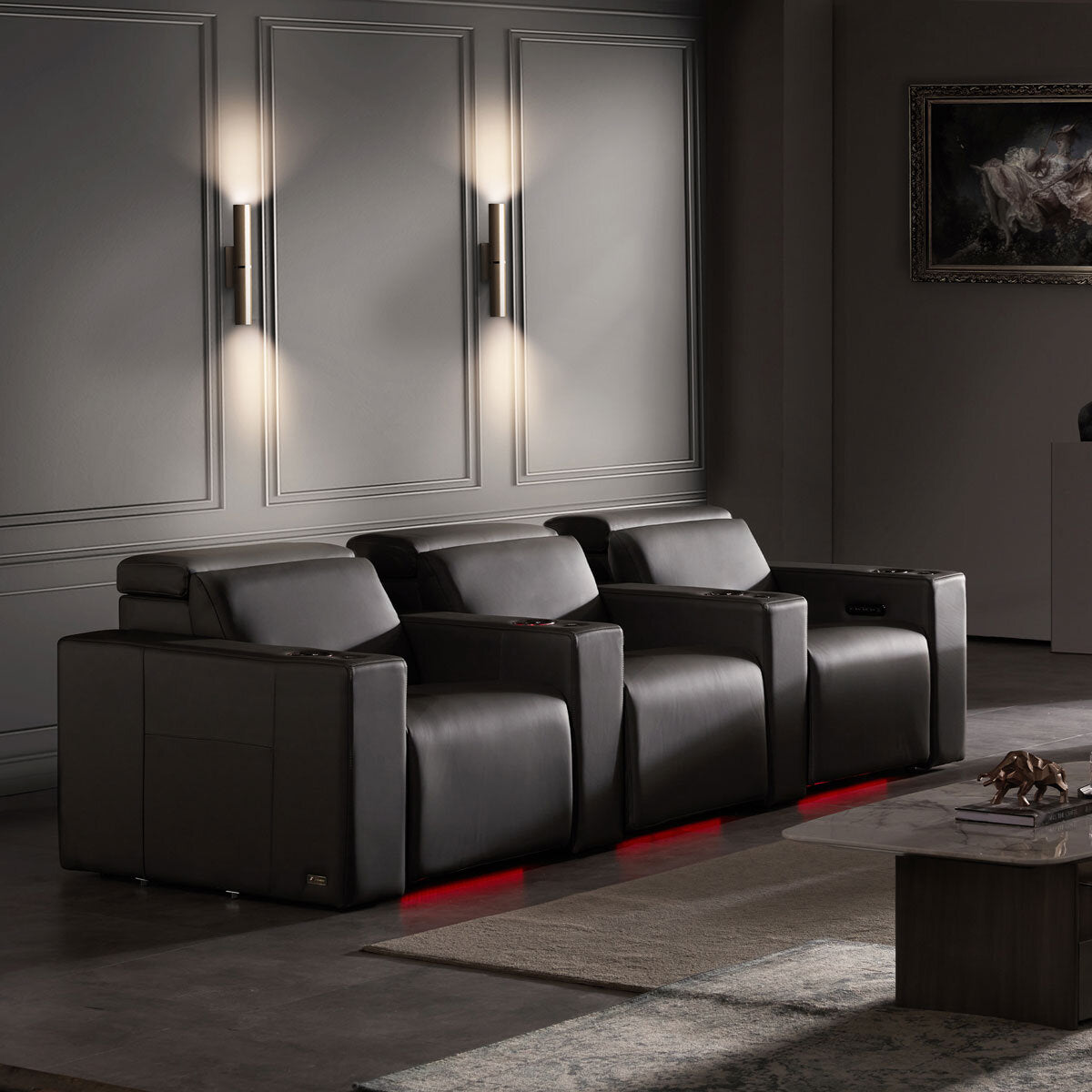 Valencia Barcelona Row of 3 Black Leather Power Reclining Home Theatre Seating with RGB LED GOODS Costco UK