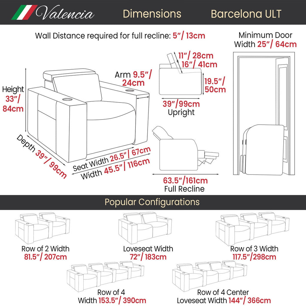 Valencia Barcelona Black Leather Power Reclining Home Theatre Chair with RGB LED