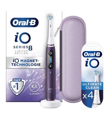 Oral-B iO8™ Electric Toothbrush Violet + iO™ Ultimate Clean White Replacement Electric Toothbrush Heads 4 Pack Bundle