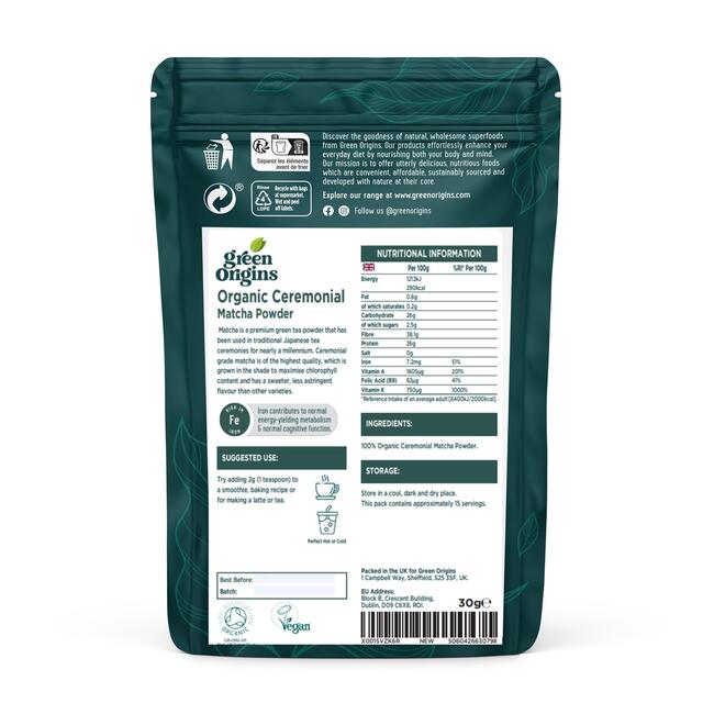 Green Origins Organic Japanese Ceremonial Matcha Green Tea Powder   30g - McGrocer