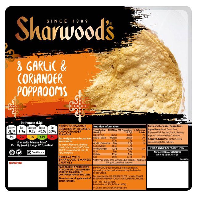 Sharwood's Garlic & Coriander Poppadoms   8 per pack