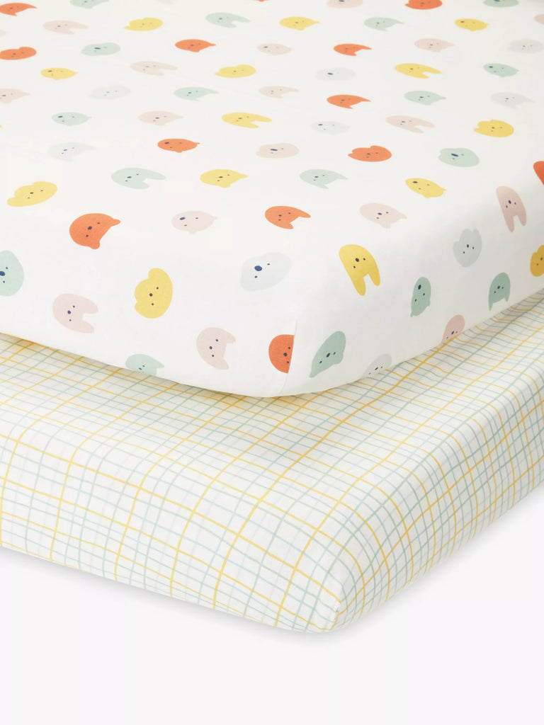 John Lewis ANYDAY Happy Faces Print Cotton Infant Fitted Sheet, Pack of 2, Multi