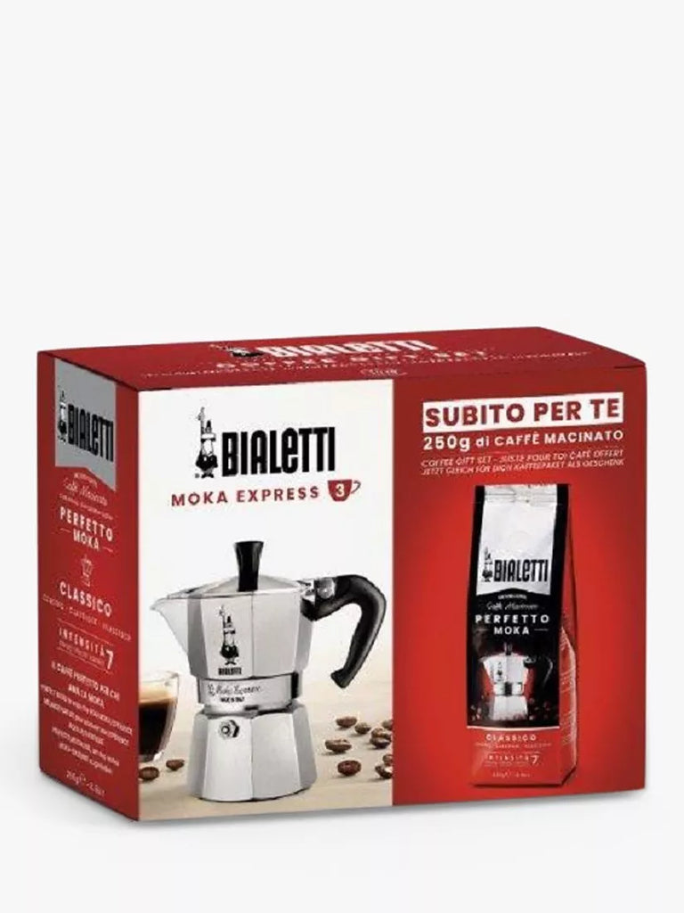 Bialetti 3 Cup Moka Hob Espresso Coffee Maker & Perfetto Coffee Gift Set