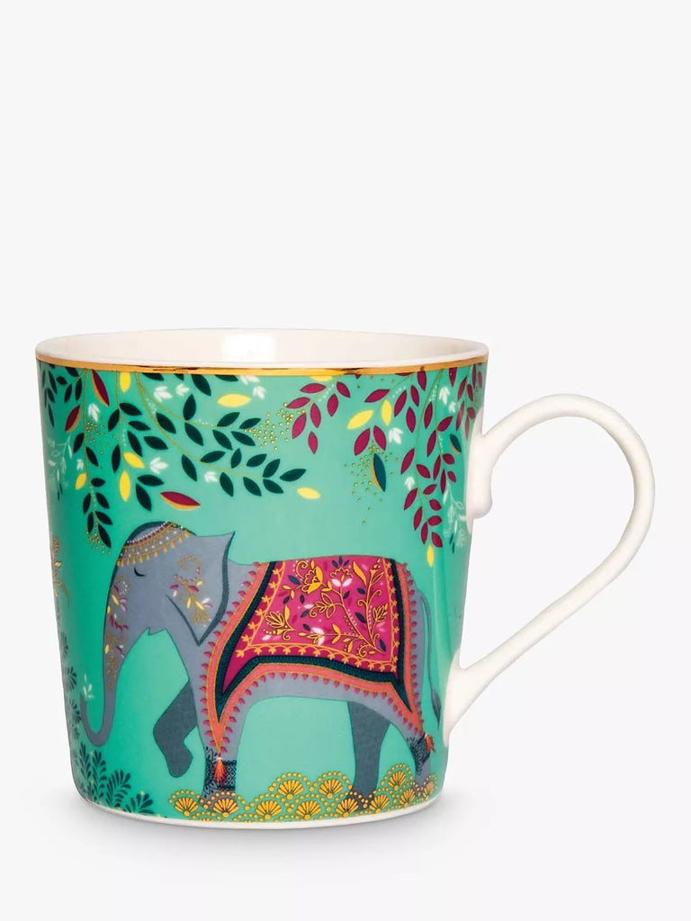 Sara Miller Escape to India Elephants Oasis 22ct Gold Fine China Mug, 340ml, Jade/Multi