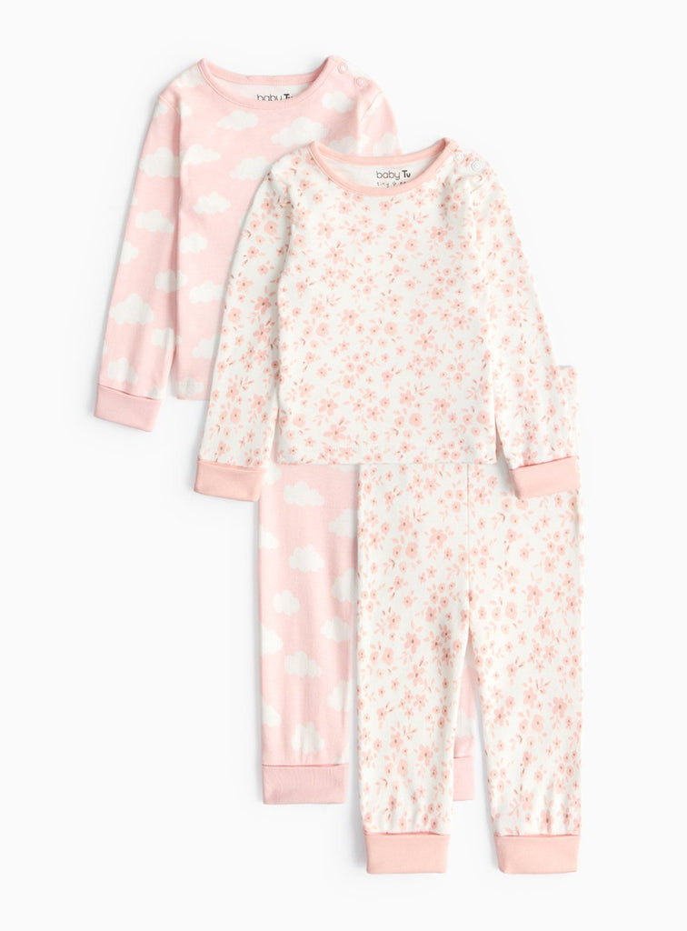 Pink Cloud & Floral Print Pyjama Set 2 Pack 6-9 months