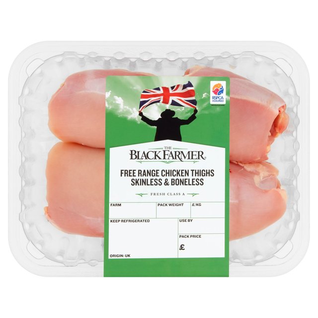 The Black Farmer Free Range Thigh Fillets Skinless & Boneless   Typically: 360g