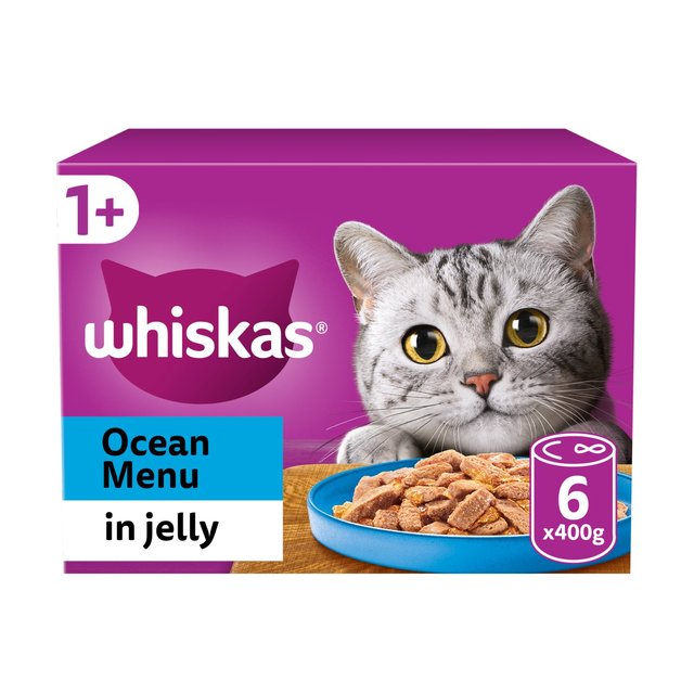 Whiskas 1+ Adult Wet Cat Food Tins Ocean Menu in Jelly   6 x 400g