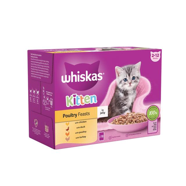 Whiskas 2-12mnths Kitten Wet Cat Pouches Poultry Feasts in Jelly   12 x 85g